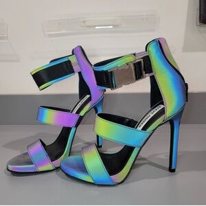 Steve Madden Reflective Dark to Iridescent Strap/ Metal Buckle Heels Size 6.5